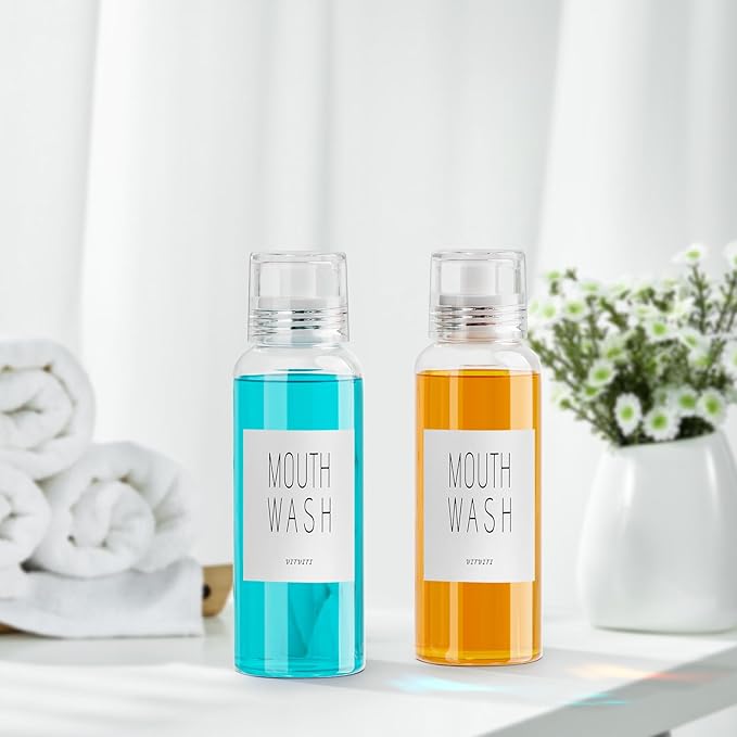 VITVITI Glass Mouthwash Dispenser for Bathroom, 10 OZ Mouth Wash Container Bottle with Lid Cup, Countertop Small Clear Refillable Mouthwash Dispensers Decanter, Set of 2 (White)