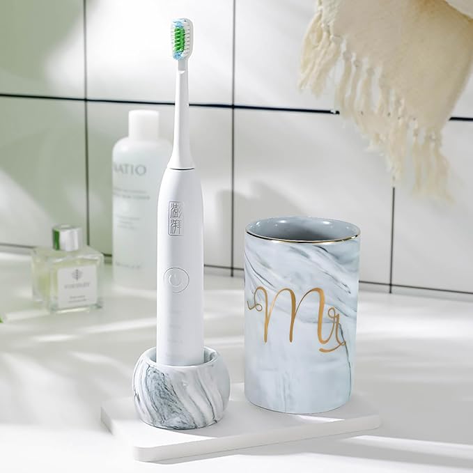 Kelake Ceramic Rustic Gray Marble Bathroom Tumbler Cup for Mouthwash Rinsing Toothbrush and Toothpaste Holder Letters Stand Cups 280 ml Porcelain Milk Drinking Cups for Christmas Birthday