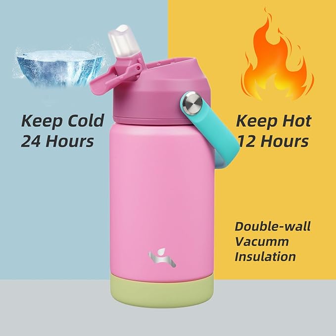 Insulated Water Bottle with Straw Lid,12 oz Stainless Steel Vacuum Metal Bottle with Silicone Handle,Rose Pink-StrideForce Fitness