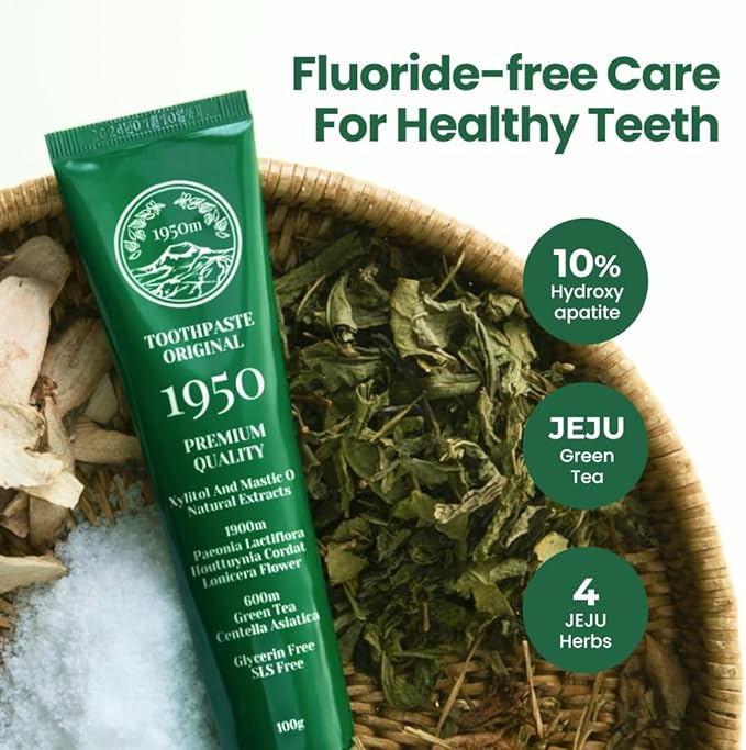 1950 Jeju Original Green Tea Toothpaste, Fluoride-Free Natural Formula with Hydroxyapatite, Sensitive Teeth, Gum Care, Whitening, Remineralizing, SLS-Free, 100g