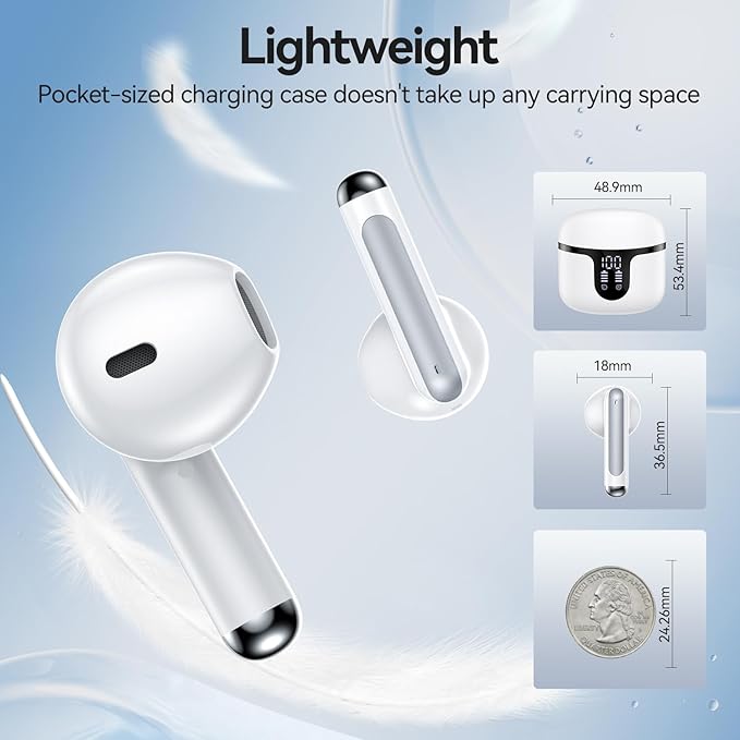 Wireless Earbuds, 2025 Bluetooth 5.3 Headphones HiFi Stereo 50H Playback Ear Buds with Led Digital Display, ENC Noise Cancelling Earbuds for Laptop Computer, iOS, Android, White-StrideForce Fitness