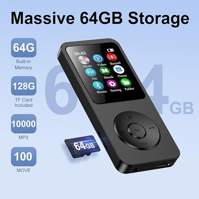 64GB MP3 Player with Bluetooth 5.3, 1.8 inch Screen Portable Music Player with Speaker, FM Radio, Voice Recorder, Physical Buttons Supports Expanded Up to 128GB(Black)-StrideForce Fitness