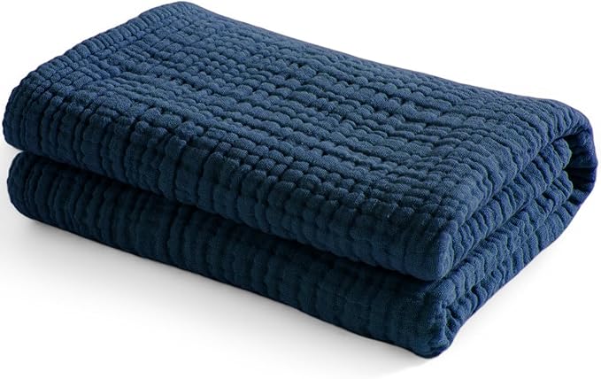 Carriediosa 100% Cotton Muslin Throw Blanket 108" X 90" King Size，4-Layers Summer Gauze Throws for Bed Couch，Soft Lightweight Breathable Linen Blankets Bedspread for Adults All Season，Navy Blue-StrideForce Fitness