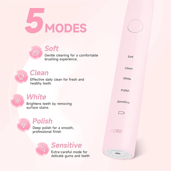 PERECT Ultrasonic Electric Toothbrush with 6 Brush Heads, 5 Modes Electric Toothbrush, Travel Rechargeable Power Toothbrush for Adults with Smart Timer &Travel Case & Soft Picks, IPX7 Waterproof, Pink