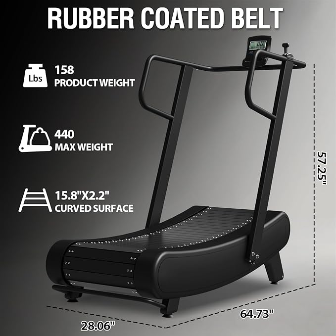 Mikolo Curved Manual Treadmill, Non Electric Treadmill with 8 Resistance Levels, LCD Digital Monitor Shock Absorption, Multi-Grip Adjustable Handrails, Non-Slip Belt-StrideForce Fitness