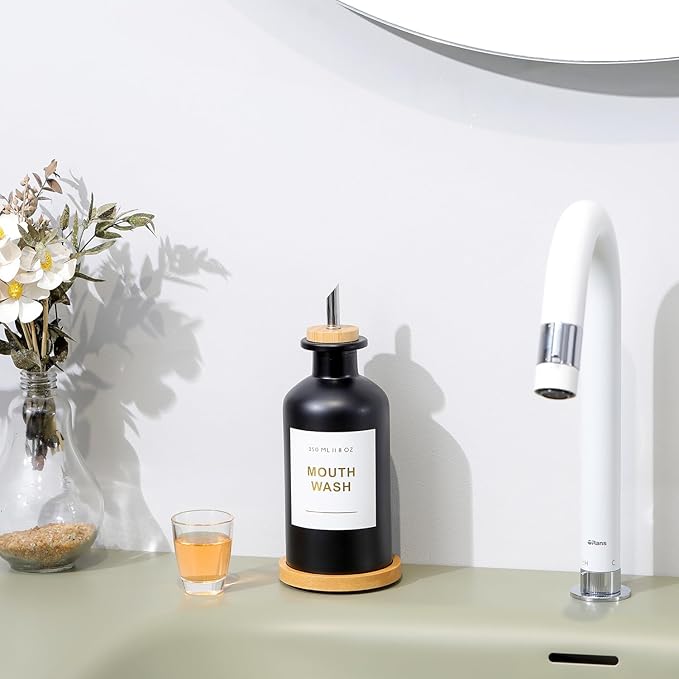 11.8OZ Glass Mouthwash Dispenser for Bathroom with Stainless Steel & Bamboo Nozzle, Mouthwash Cup Reusable, Bamboo Tray, and Elegant Gold Sticker.(Black)