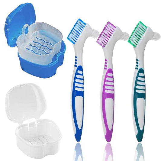 5PCS Denture Bath Case Cup Kit Denture Brush Kit Denture Cleaning Tools with 3 Denture Brushes and 2 Denture Storage Cases with Strainer Basket and Lid, Light Blue and White