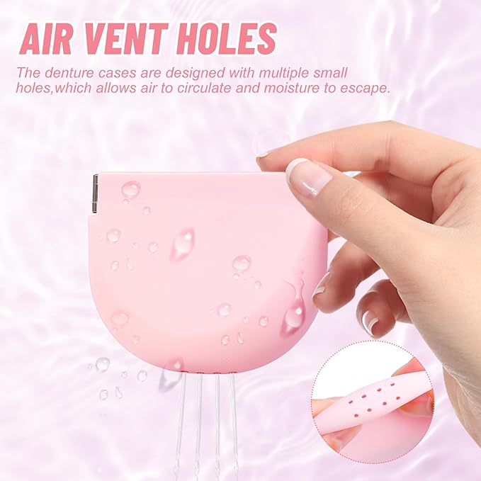 Silicone Retainer Denture Storage Case Holder, Portable Slim Dental Container Cleaning Box with Drain Holes and Leakproof for Aligners, Mouth Guards, Night Guards, Removable Dental Appliances (Pink)