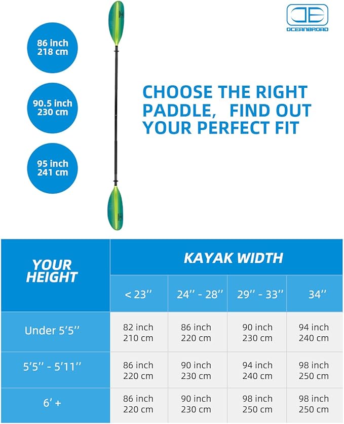 OCEANBROAD Kayak Paddle 86in/218cm, 90.5in/230cm, 95in/241cm Alloy Shaft Kayaking Boating Canoeing Oar with Paddle Leash-StrideForce Fitness