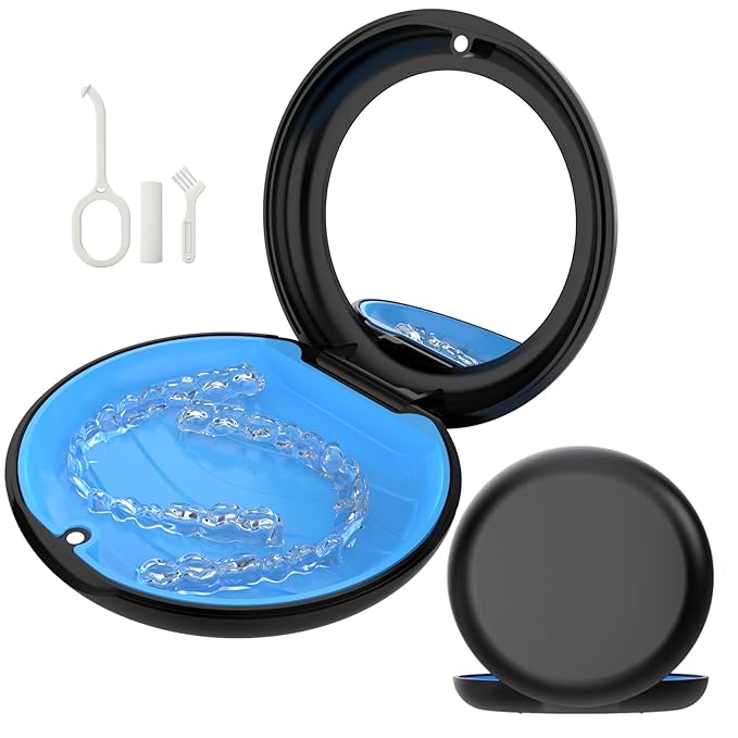 Retainer Case with Mirror, Compatible with Invisalign, Cute Slim Orthodontic Aligner Case with Silicone Pad, Black