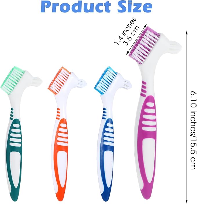 4 Pcs Denture Brush, Portable Denture Toothbrushes with White Carrying Case, Dual Angled False Teeth Care Cleaning Brush with Multi-Layered Soft Bristles (Purple, Green, Blue, Orange)