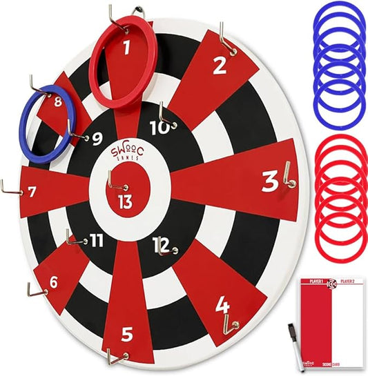 Swooc Games® ‒ Hook Darts Ring Toss Game ‒ Wood Board & Soft Rings ‒ 20+ Games Included for Kids & Adults ‒ Wall Mounted Ring and Hook ‒ Indoor & Outdoor Wall Decor for Game Room, Patio, Garage, Yard-StrideForce Fitness