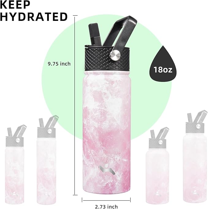 18 oz Insulated Water Bottle Stainless Steel Sport Bottles with 3 Lids,Marble Blossom-StrideForce Fitness