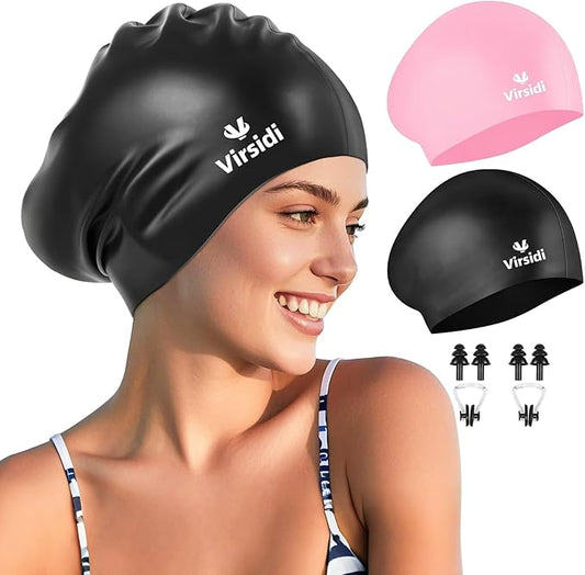 2 Pack Large Swim Caps for Long Hair, Silicone Swimming Cap for Adult Women Men, Waterproof Swim Hats Bathing Caps to Keep Hair Dry with Bonus Nose Clip and Earplugs-StrideForce Fitness