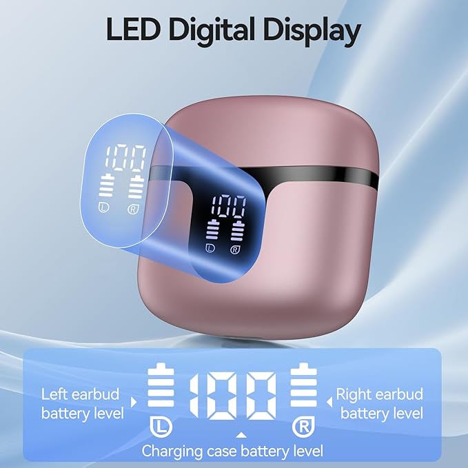 Wireless Earbuds, 2025 Bluetooth 5.3 Headphones HiFi Stereo 50H Playback Ear Buds with Led Digital Display, ENC Noise Cancelling Earbuds for Laptop Computer, iOS, Android, Rose Gold-StrideForce Fitness
