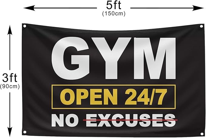 GYM OPEN 24/7 INDOOR NO EXCUSES Motivational Gym Banner, 3x5 Ft Single-sided Printing Inspirational Wall Decor Flag, Perfect Motivational Wall Decor, Keep Motivated and Passion with Gym Flag-StrideForce Fitness