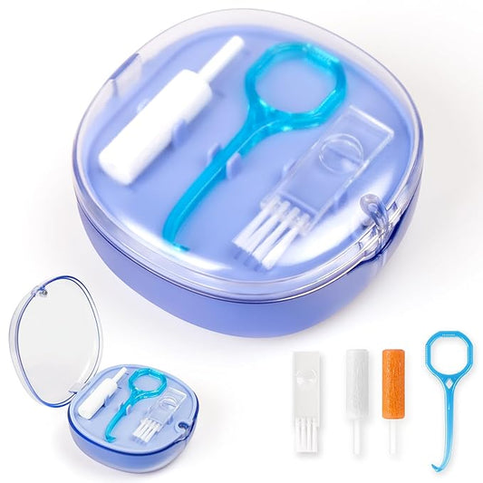 Double-layer Retainer Storage Case with Belt Chewing, Removal Tool, Cleaning Brush, Built in Mirror Orthodontic Retainer Container Case, Retainer Travel Case (blue)