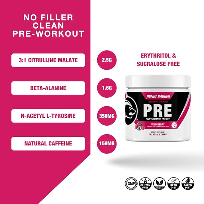 Honey Badger Pre Workout Powder, Keto Vegan Preworkout for Men & Women, Beta Alanine & Caffeine, Sugar Free Natural Energy Supplement, Wild Berry, 30 Servings-StrideForce Fitness
