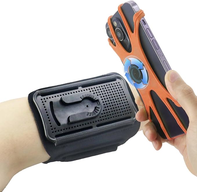 Wristband Phone Holder for Running, 360°Rotation & Detachable Sports Armband with Key Holder for iPhone 16/15/14/13/12/Pro/Pro Max/XS/XR/X/8/7/6/Plus, Fits 4.5-7 Inch Smartphones (Orange)-StrideForce Fitness
