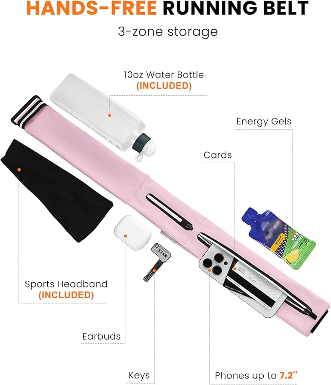 Running Belt for Women and Men, Adjustable Fanny Packs No Bounce Phone Holder for Running with Water Bottle & Headband, Waterproof Reflective Waist Packs for Runner Fits All Phones (L-Pink)