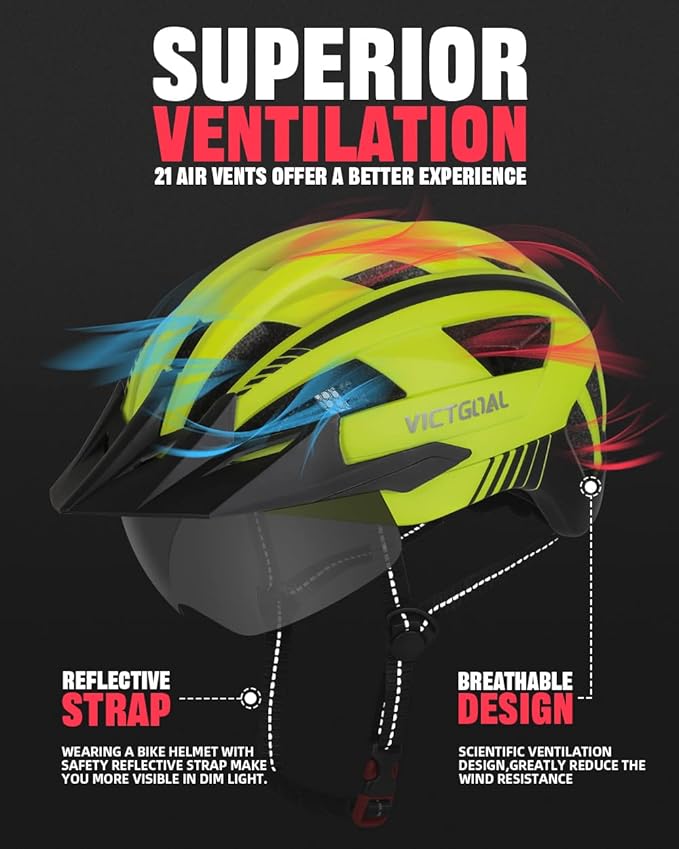VICTGOAL Bike Helmet for Men Women with Led Light Detachable Magnetic Goggles Removable Sun Visor Mountain & Road Bicycle Helmets Adjustable Size Adult Cycling Helmets-StrideForce Fitness