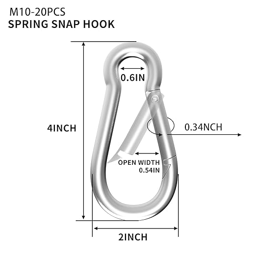 20PCS M10 Spring Snap Hook Carabiner, Heavy Duty 4'' Galvanized Steel Carabiner Clip, 770LBS Holding Capacity Spring Clips for Hammock Swing Outdoor Travel-StrideForce Fitness