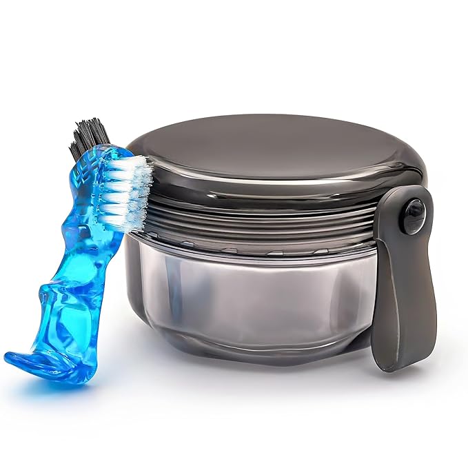 Leak Proof Denture Cups for Soaking Dentures, Partial Denture Bath Case Travel Retainer Cleaning Container Case with Brush for Aligner, Denture, Mouth Guard - Transparent Black