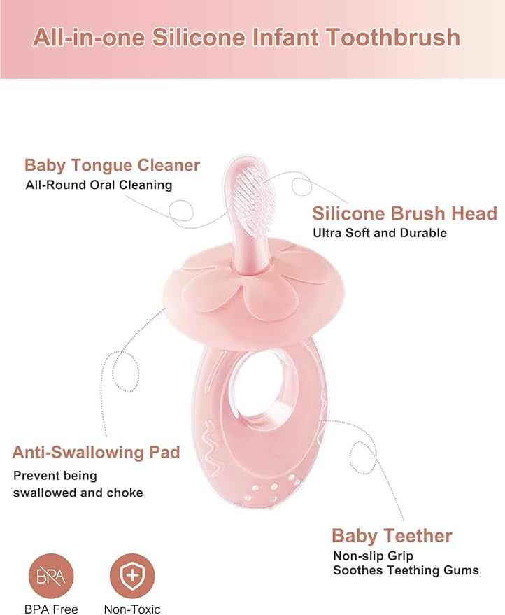 Baby Toothbrush & Teether for Infant and Toddler, Silicone Baby Oral and Tongue Cleaner, Ultra Soft Infant Training Toothbrush with Travel Case, Adjustable Safety Shield - Pink