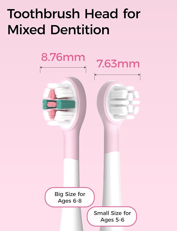 SEAGO Kids Electric Toothbrushes for Ages 5-8 with 2 Sizes Soft Brush Heads, Soft Silicone Handle, 2-Min Timer, IPX7 Waterproof, 35000VPM, Rechargeable 70 Day Battery Life with Charging Base (Pink)