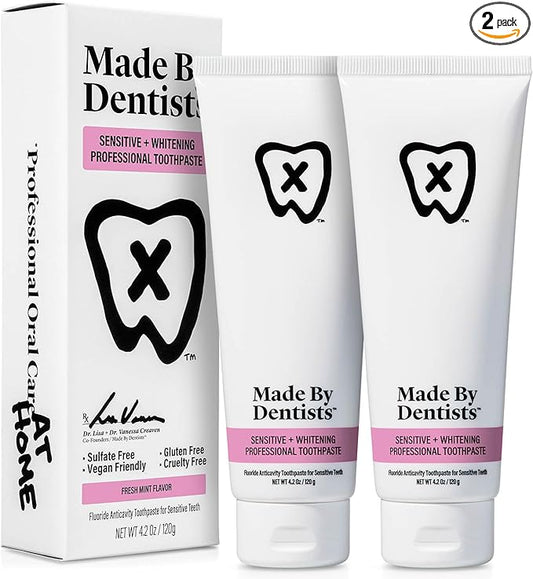 Made by Dentists Professional Sensitive + Whitening Toothpaste - Advanced Daily Whitening Toothpaste for Sensitive Teeth, ADA Approved, Vegan, Sulfate-Free, 2 x 4.2oz