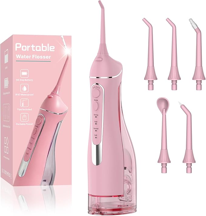 Cordless Portable Water Flosser with 300ML Tank: Rechargeable Oral Irrigator with 5 Tips for Travel, Braces Care and Sensitive Gums, IPX7 Waterproof Teeth Cleaning Device(Pink)