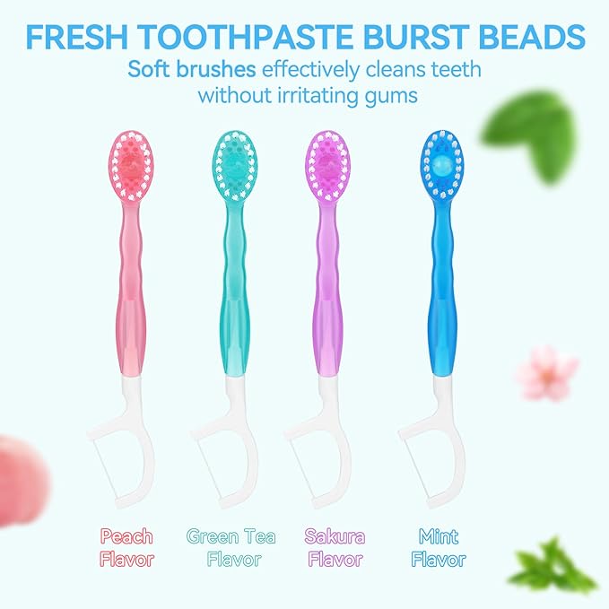 Erinde 5 in 1 Mini Disposable Toothbrushes with Toothpaste + Tongue Scraper + Picks + Floss Travel Case, Prepasted Travel Toothbrushes Pick for Work or Travel, Soft Brushes, 24 Count (Mixed Flavors)