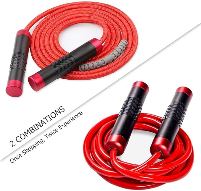 Redify Weighted Jump Rope for Workout Fitness(1LB), Tangle-Free Ball Bearing Rapid Speed Skipping Rope for MMA Boxing Weight-loss,Aluminum Handle Adjustable Length 9MM Fabric Cotton+9MM Solid PVC Rope-StrideForce Fitness