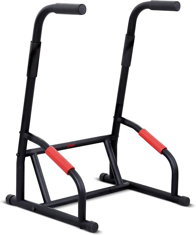 Sunny Health & Fitness Power Tower, Dip Bar, Push-Up & Pull Up Assisting Parallette Station w Optional Rock Climbing Grip Trainer-StrideForce Fitness