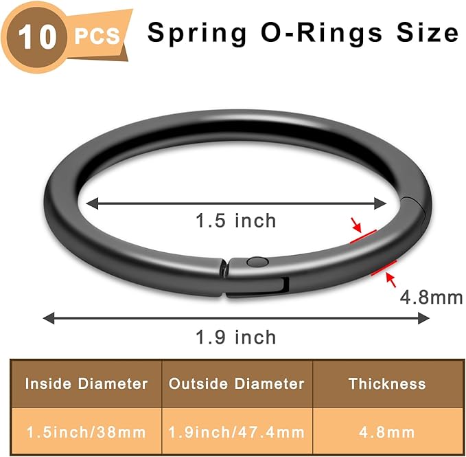 10Pack 1-1/2" Large Round Carabiner Clips, Metal Spring O Rings for Organizer Key Rings, Paracord Keychain Lanyard, Pet Chains, Purse Hardware, Key Snap Hooks DIY Accessory (Black)-StrideForce Fitness