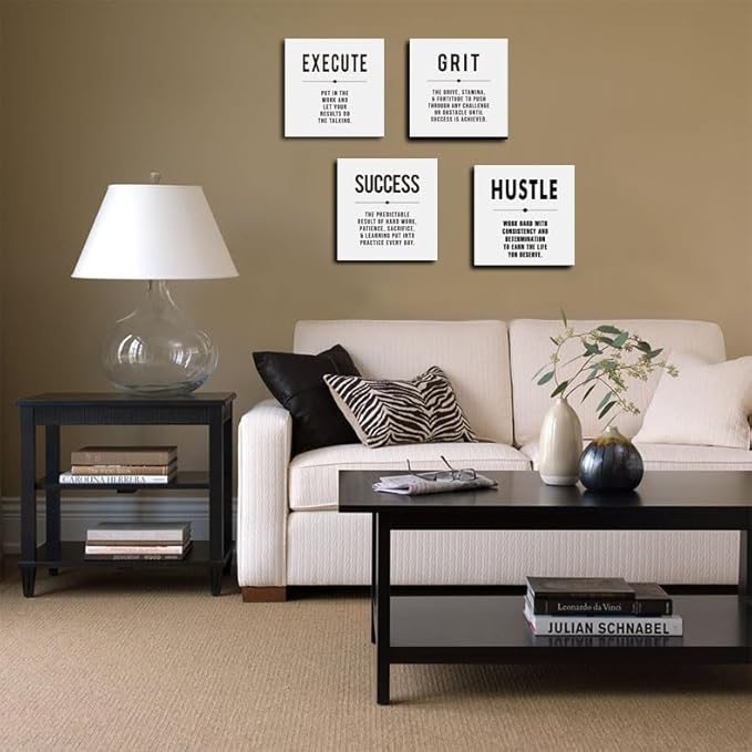 Motivational Grit Success Execute Hustle White Quotes Canvas Wall Art -Inspirational Wall Art Poster Canvas Artwork Picture Print Framed for Home Bedroom-16 x16in x4pcs-StrideForce Fitness