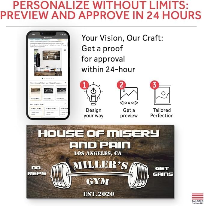 Tailored Canvases Personalized Gym Sign Wall Art Decor - Motivational Canvas for Home Gym, Workout Room, Garage, Fitness Center - Workout Inspirational Posters - House of Misery and Pain, Wooden 48x24in-StrideForce Fitness