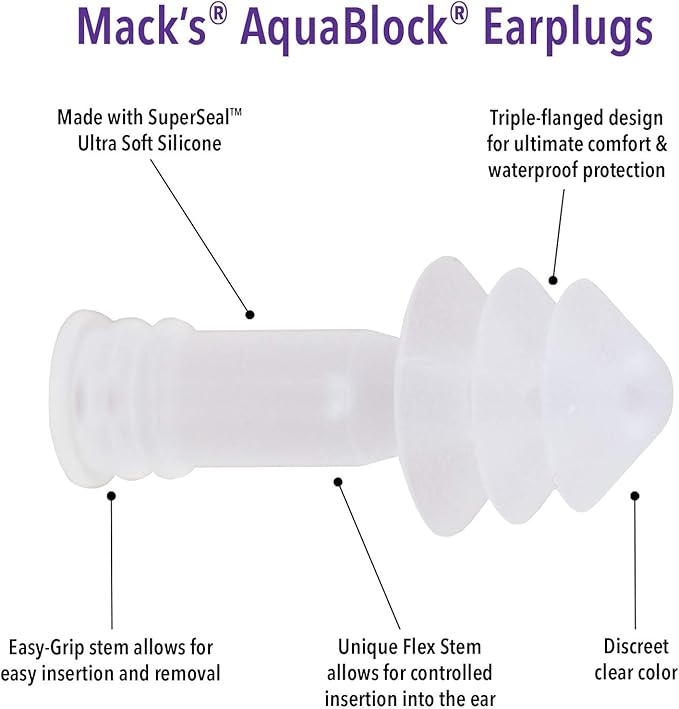 Mack's AquaBlock Swimming Earplugs, 3 Pair - Comfortable, Waterproof, Reusable Silicone Ear Plugs for Swimming, Snorkeling, Showering, Surfing and Bathing (Clear)-StrideForce Fitness