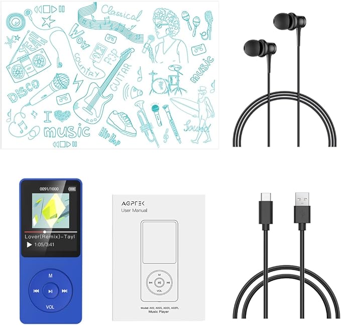 AGPTEK A02S 16GB MP3 Player, 70 Hours Playback Lossless Sound Music Player, Supports up to 128GB, Dark Blue-StrideForce Fitness