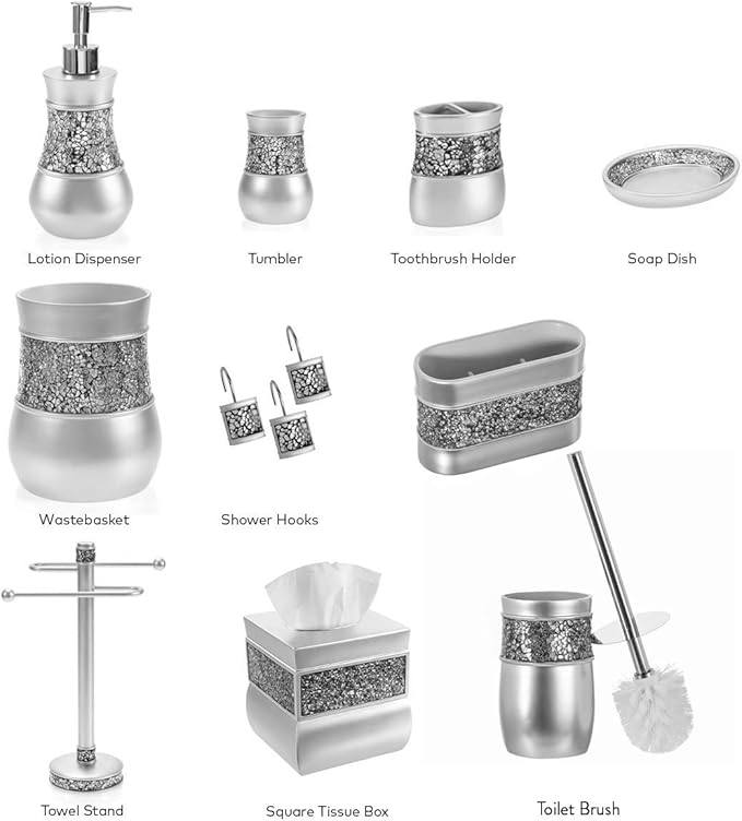 Crackled Glass Silver Toothbrush and Toothpaste Holder for Bathroom - Decorative Bathroom Counter Electric Toothbrush Organizer, 3 Slot, Makeup Brush Holder