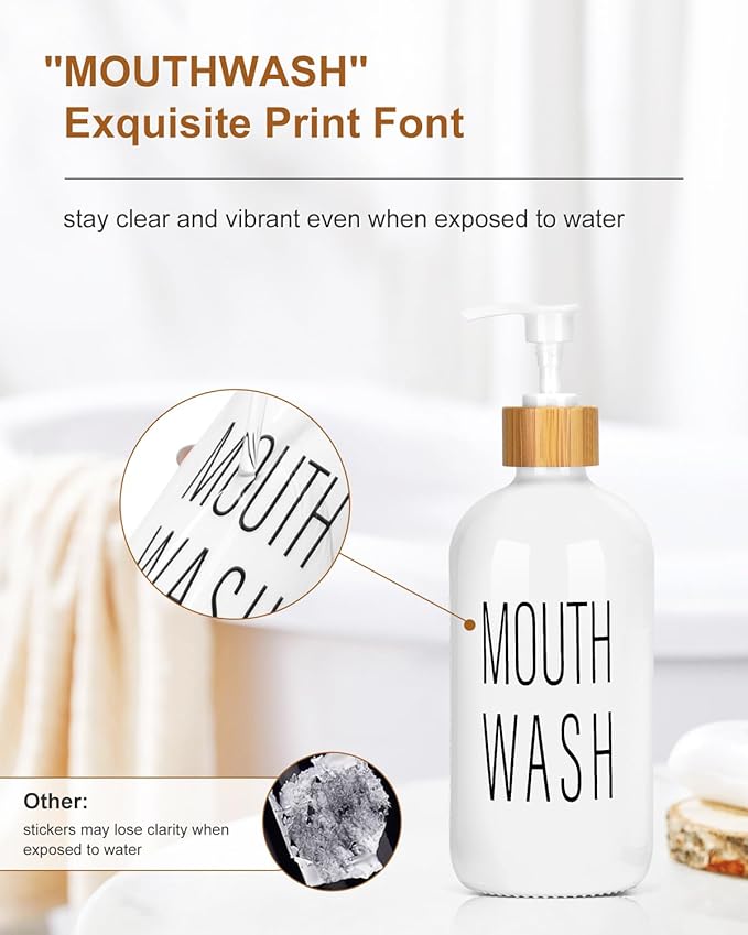 Pump Mouthwash Dispenser, Glass Mouthwash Container for Bathroom Countertop, Mouth Wash Bottle Decanter, White, Printed Font