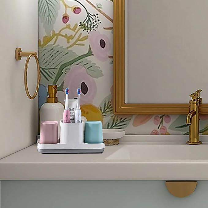 Toothbrush Holder for BathroomToothbrush Cup, Kids Toothbrush Holder with Bathroom Cup, Electric Toothbrush Toothpaste Holder and Bathroom Accessories Storage, Pink & Blue
