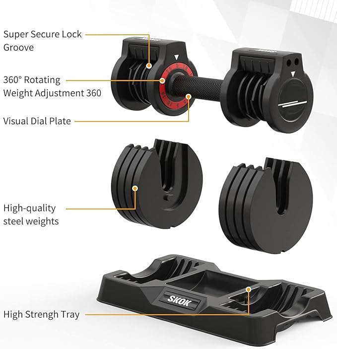 SKOK 25/55 lbs Pair Adjustable Dumbbells Set, Adjustable Weights Dumbbells Set for Men and Women with Anti-Slip Fast Adjust Weight by Turning Handle,Black Dumbbell with Tray-StrideForce Fitness