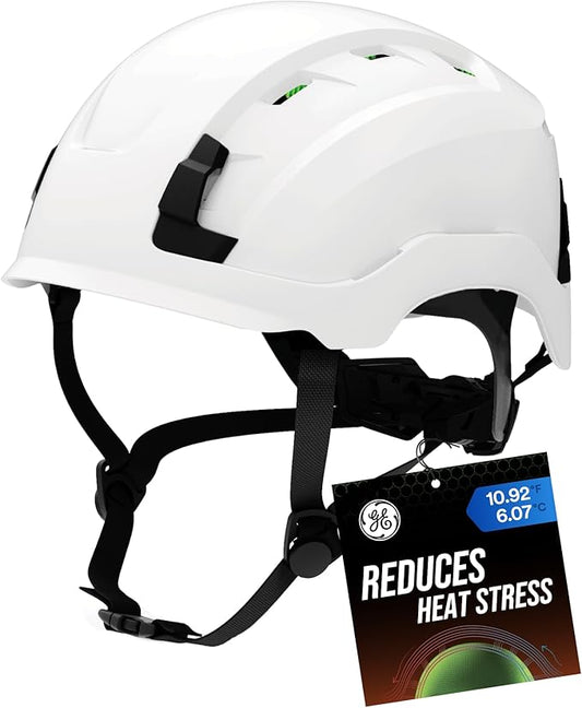 GE Safety Helmet, Impact Absorbing Tech, Adjustable Ratchet, ANSI Type 1, Memory Foam Padding, Hard Hats Protection, Lightweight, Durable, Chin Strap, Comfortable Fit OSHA Approved-StrideForce Fitness