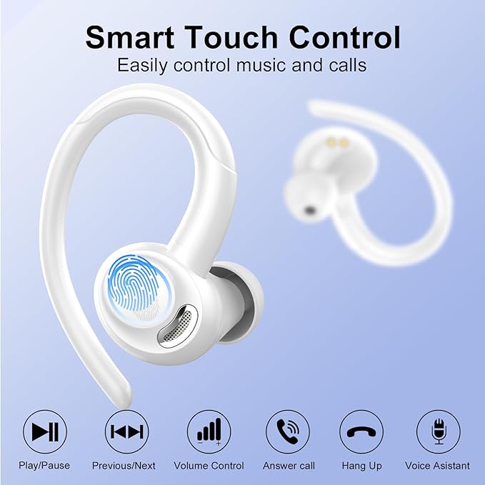 Wireless Earbuds Bluetooth 5.3 Headphones Sports, 48Hrs Playtime Bluetooth Earbuds with CVC 8.0 Mic, 2025 Stereo Bass Over Ear Bud with Earhooks, LED Display, IP7 Waterproof Earphon for Running White-StrideForce Fitness