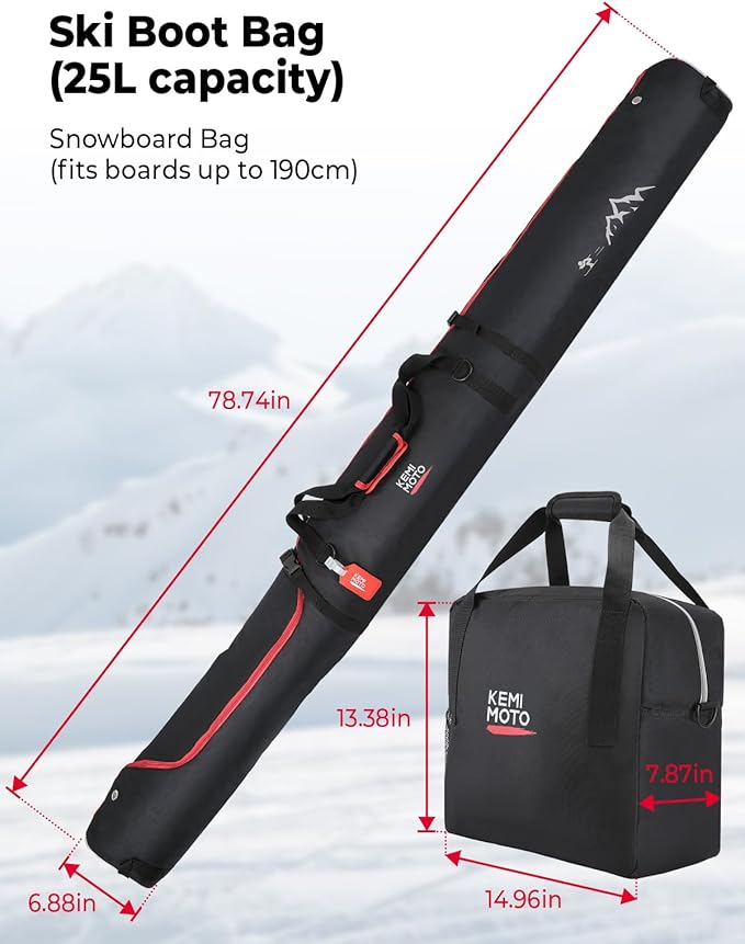 KEMIMOTO Ski Bag and Boot Bag Combo, Snowboard Bag Padded Ski Bags for Air Travel, Snow Ski Bags Fit Skis Up to 200cm, Ski Double Bag Combo-StrideForce Fitness