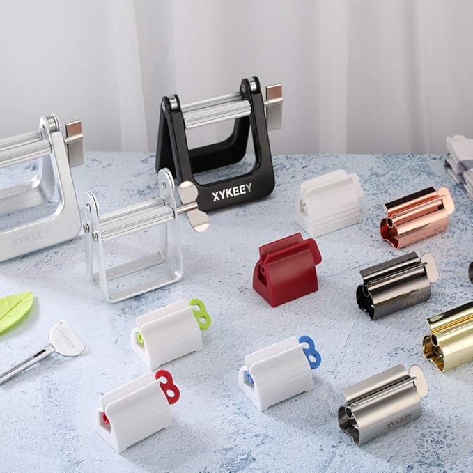 XYKEEY Toothpaste Tube Squeezer - Set of 2 Toothpaste Squeezer Rollers, Metal Toothpaste Tube Wringer Seat Holder Stand (Matt Black)