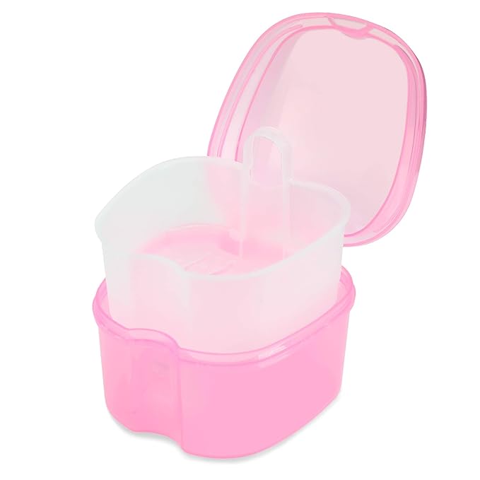 Dental Orthodontic Retainer Container Cleaning Case,Denture Bath Box Case Cup Holder, Mouthguard Storage Soaking Case - Pink