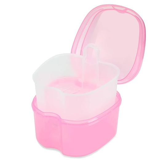 Dental Orthodontic Retainer Container Cleaning Case,Denture Bath Box Case Cup Holder, Mouthguard Storage Soaking Case - Pink