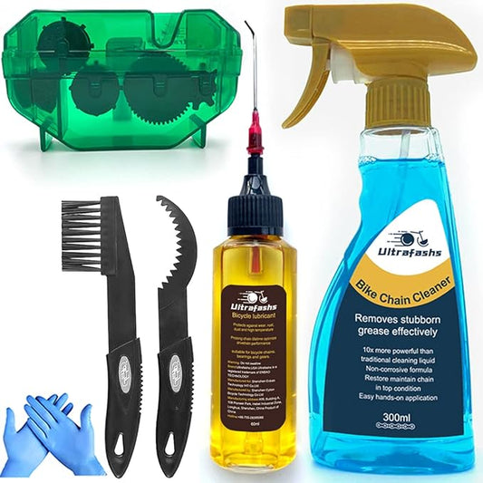 Bike Cleaner kit to Clean/Protect/Lube Bicycle,with Chain Scrubber,Cleaning Brush Tool,Bike Cleaner(19oz),Degreaser(10or19oz),Wet Lubricant(2oz)-StrideForce Fitness